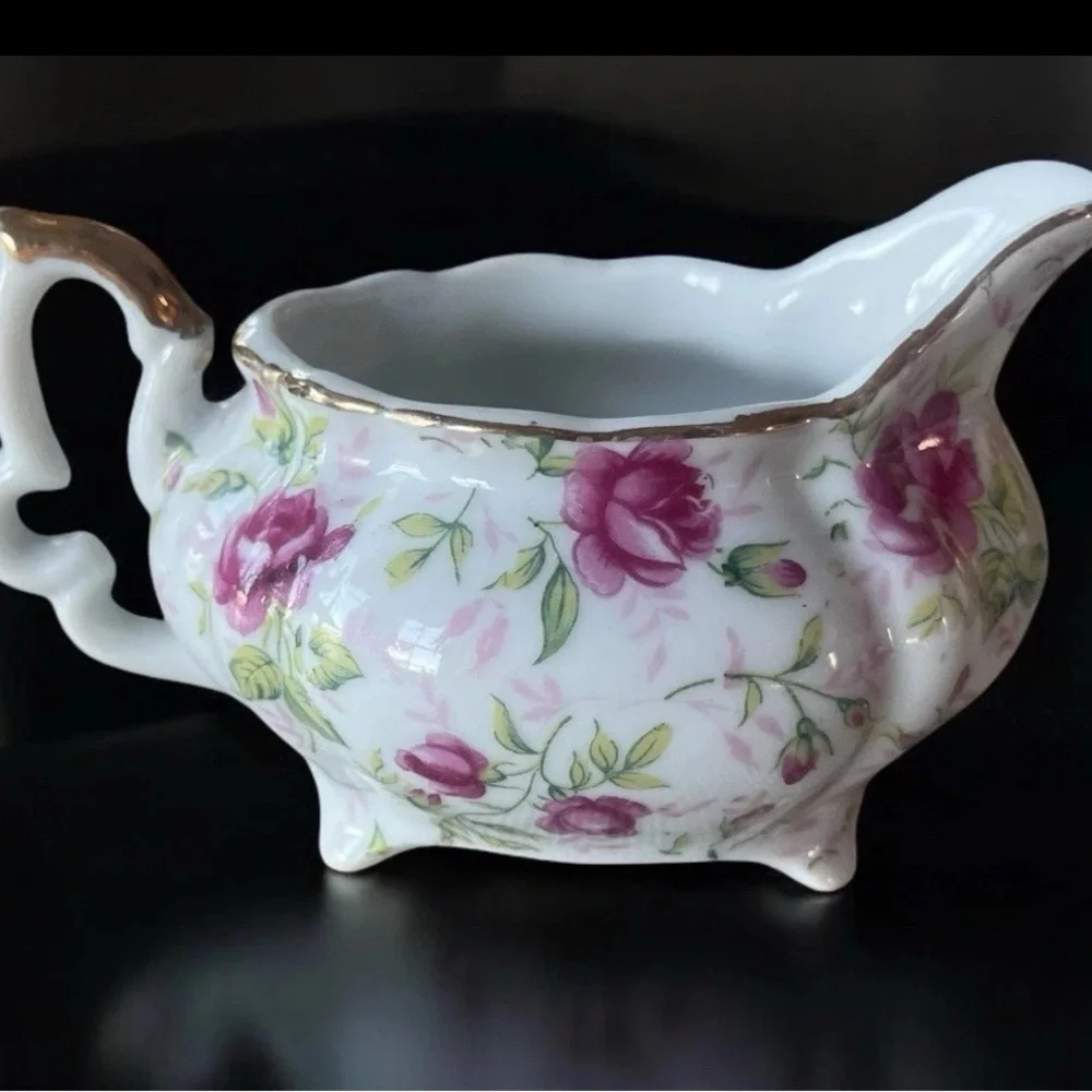 Vintage Lefton Rose Creamer Gold Trim Hand Painted Japan 1950s Cottagecore.